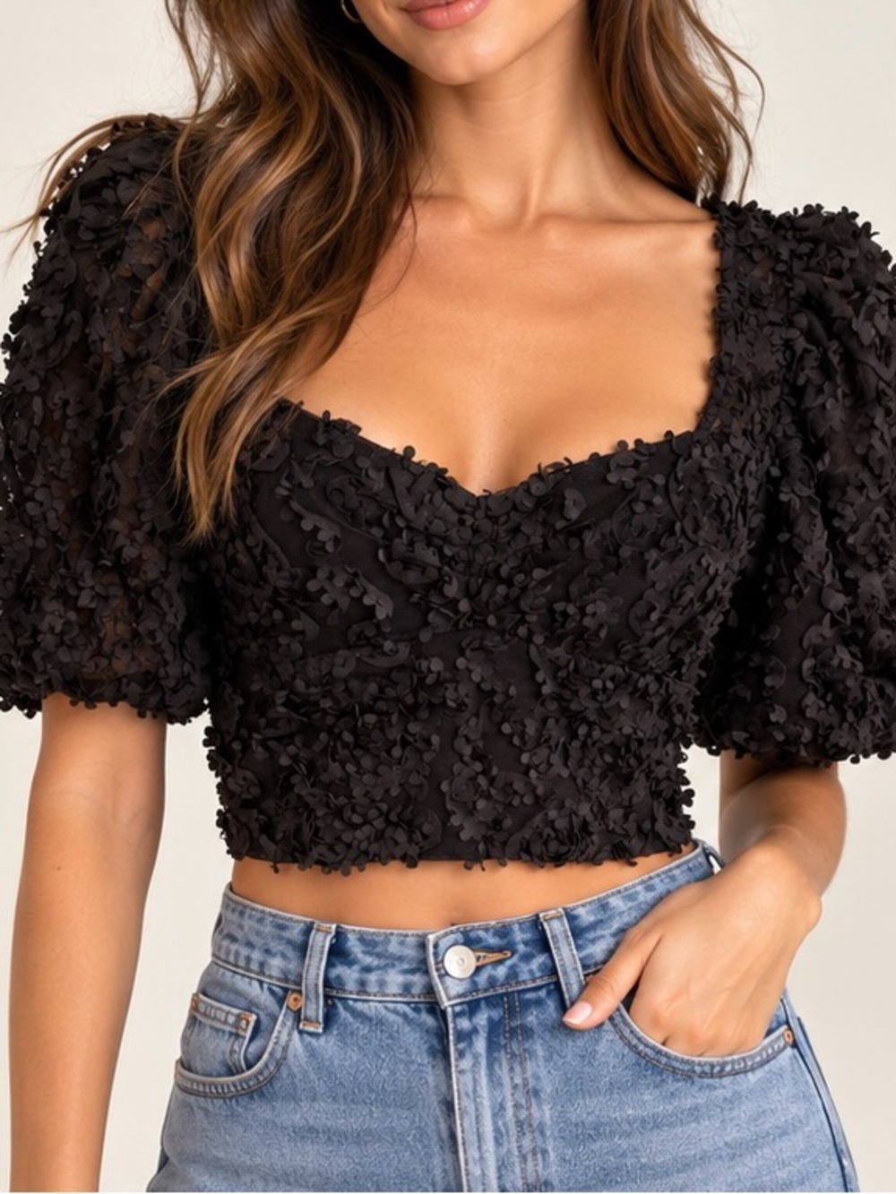Zara Black 3D Floral Sheer Puff Sleeve Crop Top Size S